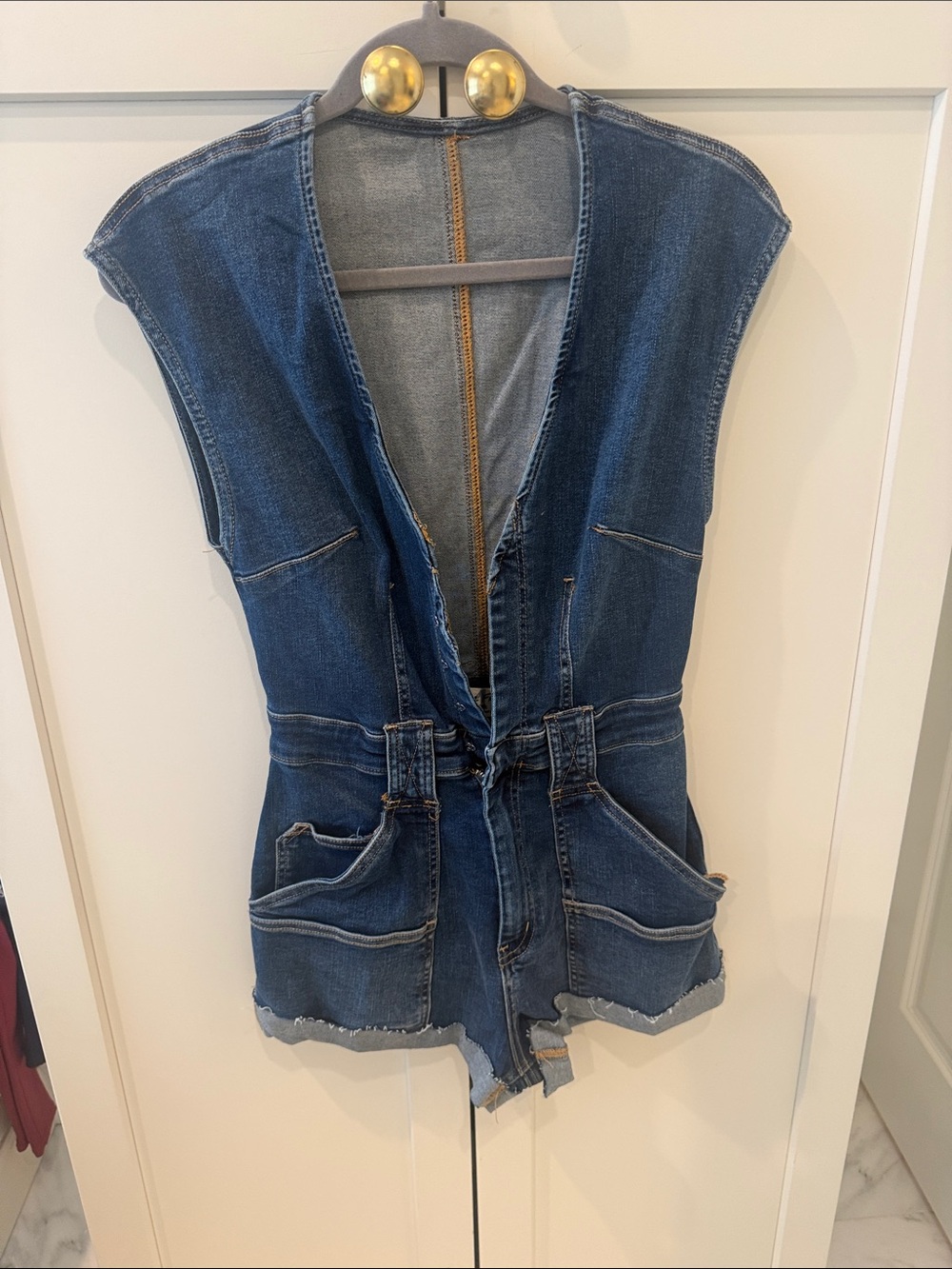 We The Free Distressed Dark Blue Denim Short Overalls